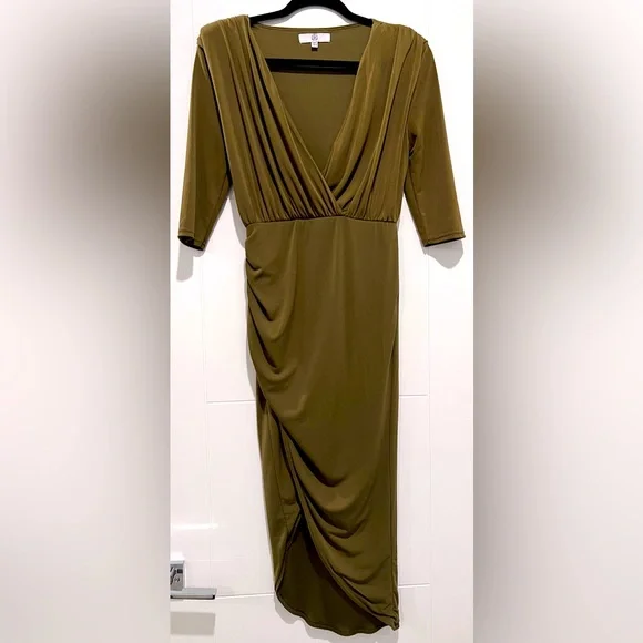 missguided green dress MissGuided Green Velvet Wrap Dress with Thigh High Slit main image 1